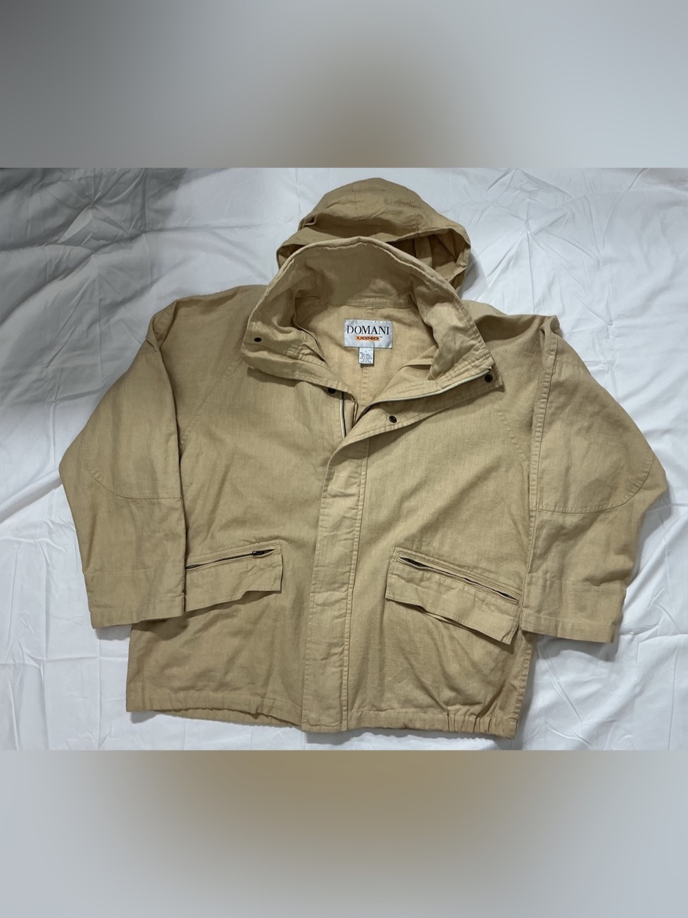 Vintage Domani Uomo Linen Cotton Blend Utility Field Jacket Mens L Beige Hooded